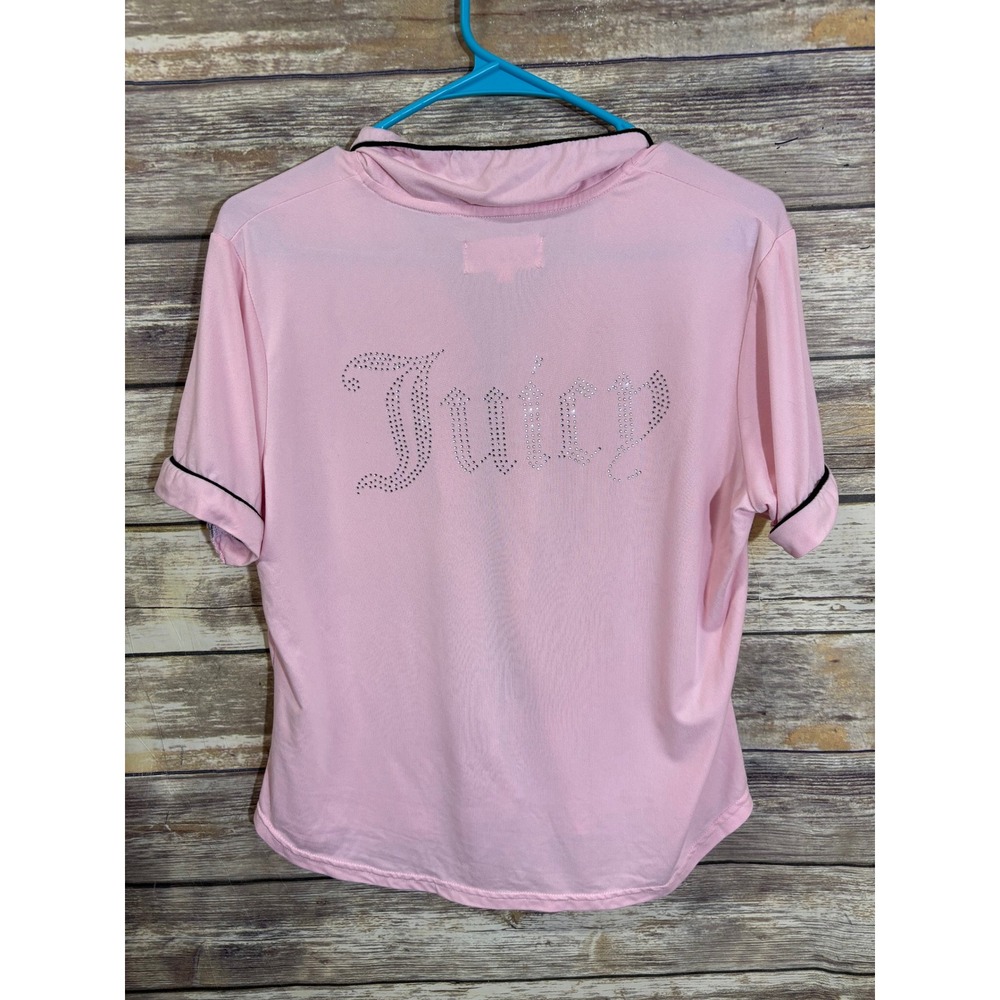 Juicy Couture Pink‎ Pajama Top Sleepwear Crystal Logo Short Sleeve Button Down M